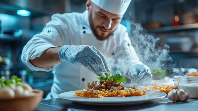 Chef preparing rice and basil