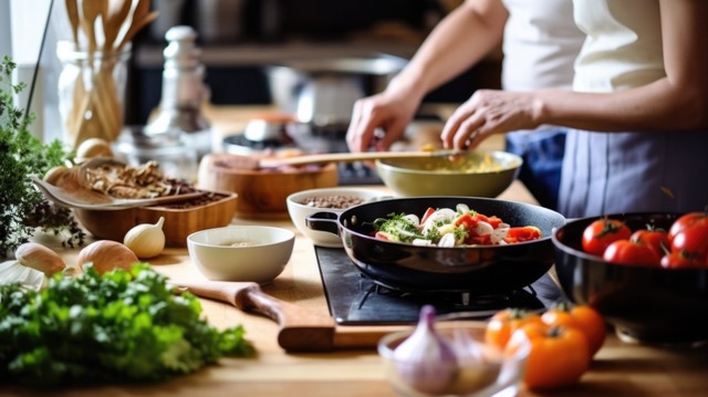 Two people cooking in a Kitchen.