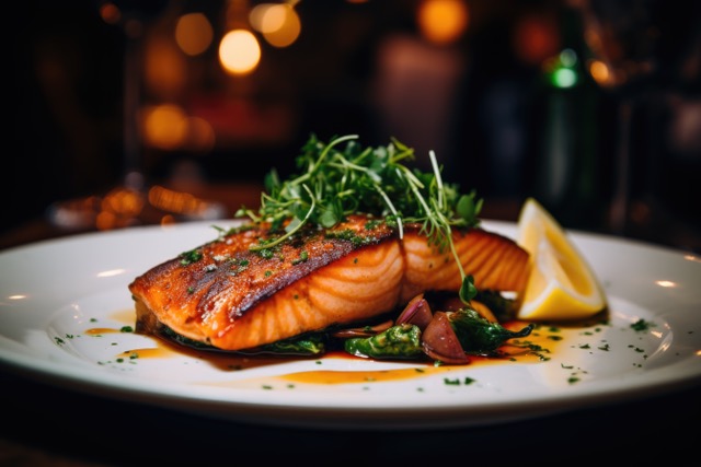 Grilled salmon arranged with greens, lemon and onions.