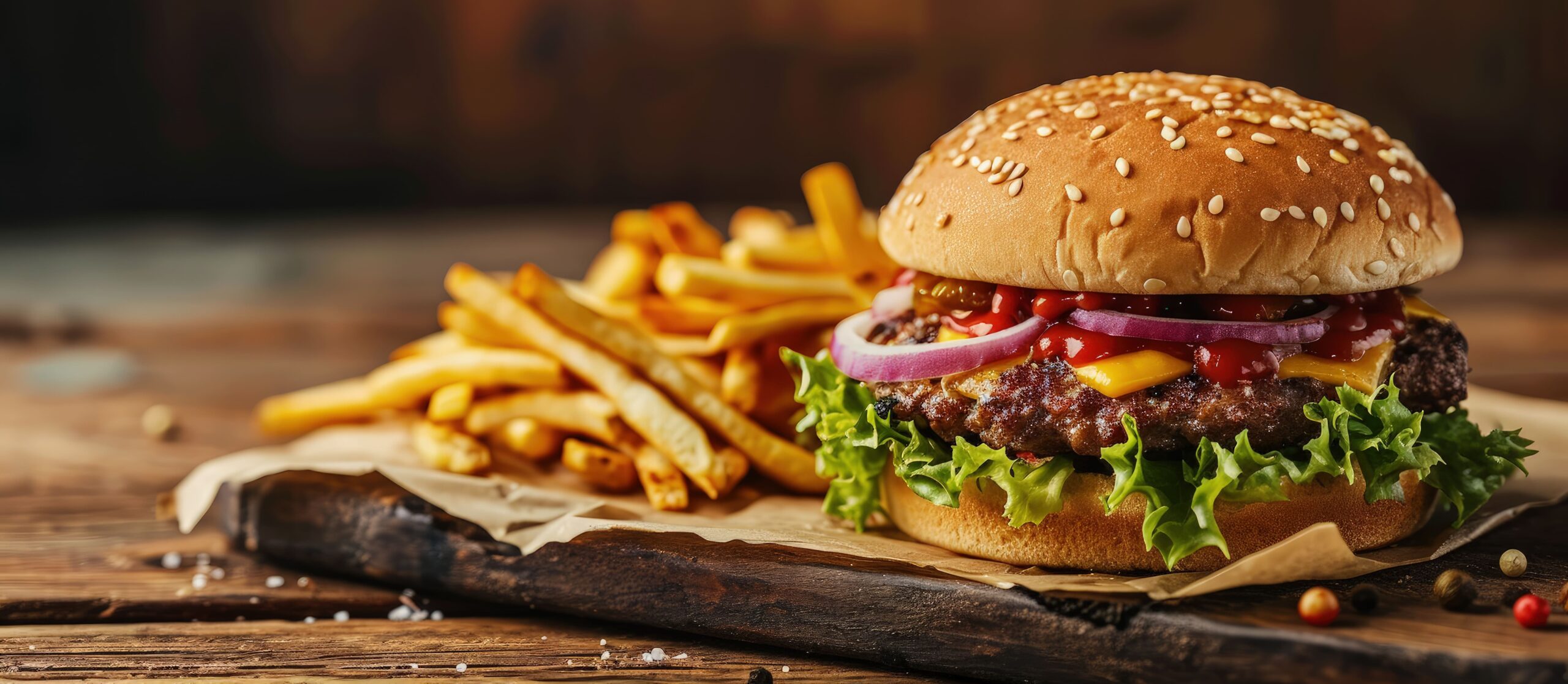 Burger and fries arranged on a wooden board